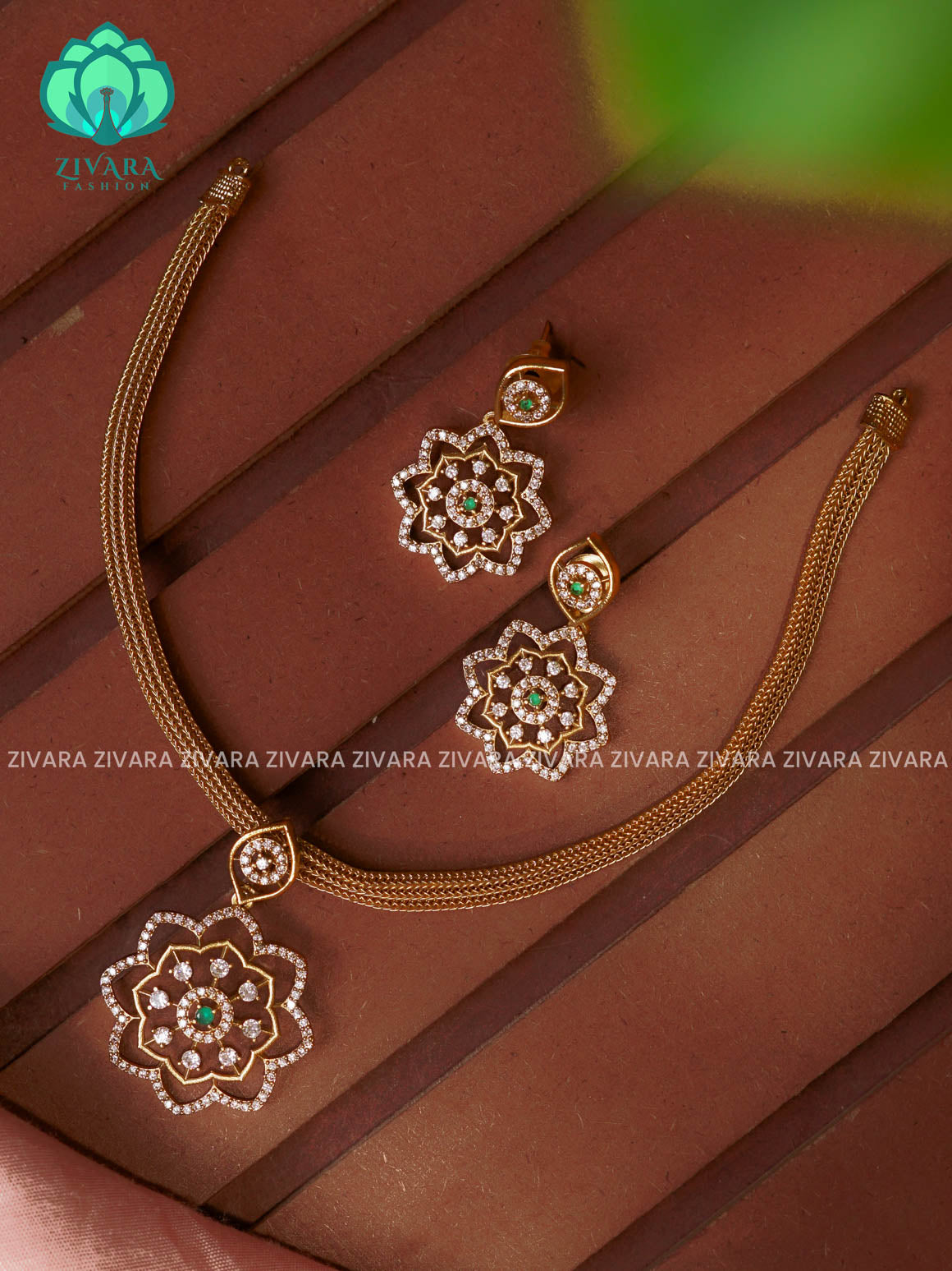 GREEN Flexible chain and STAR  pendant   -Traditional south indian premium neckwear WITH earrings- Zivara Fashion- latest jewellery design