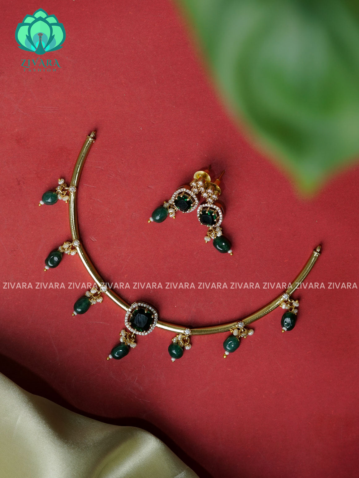 GREEN  - Simple beads hanging Traditional south indian premium neckwear with earrings- Zivara Fashion- latest jewellery design