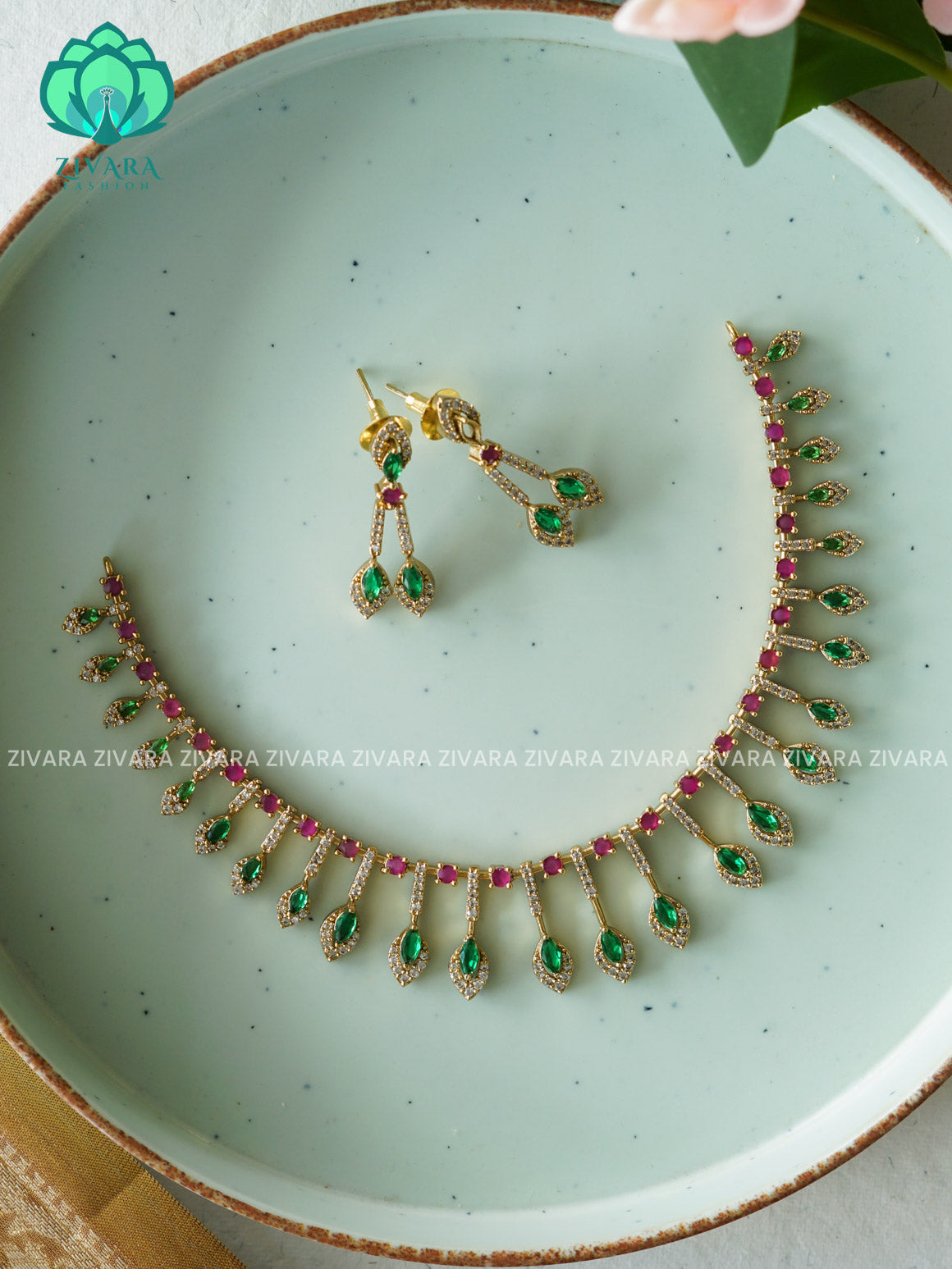RUBY GREEN  - SUBTLE POLISH stylish and minimal elegant neckwear with earrings- Zivara Fashion