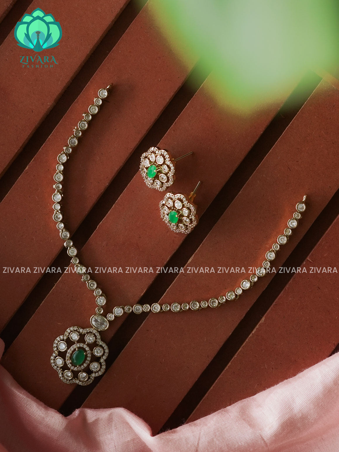 GREEN-  HOT SELLING FLOWER PENDANT -SUBTLE GOLD POLISH  stylish and minimal elegant neckwear with earrings- Zivara Fashion