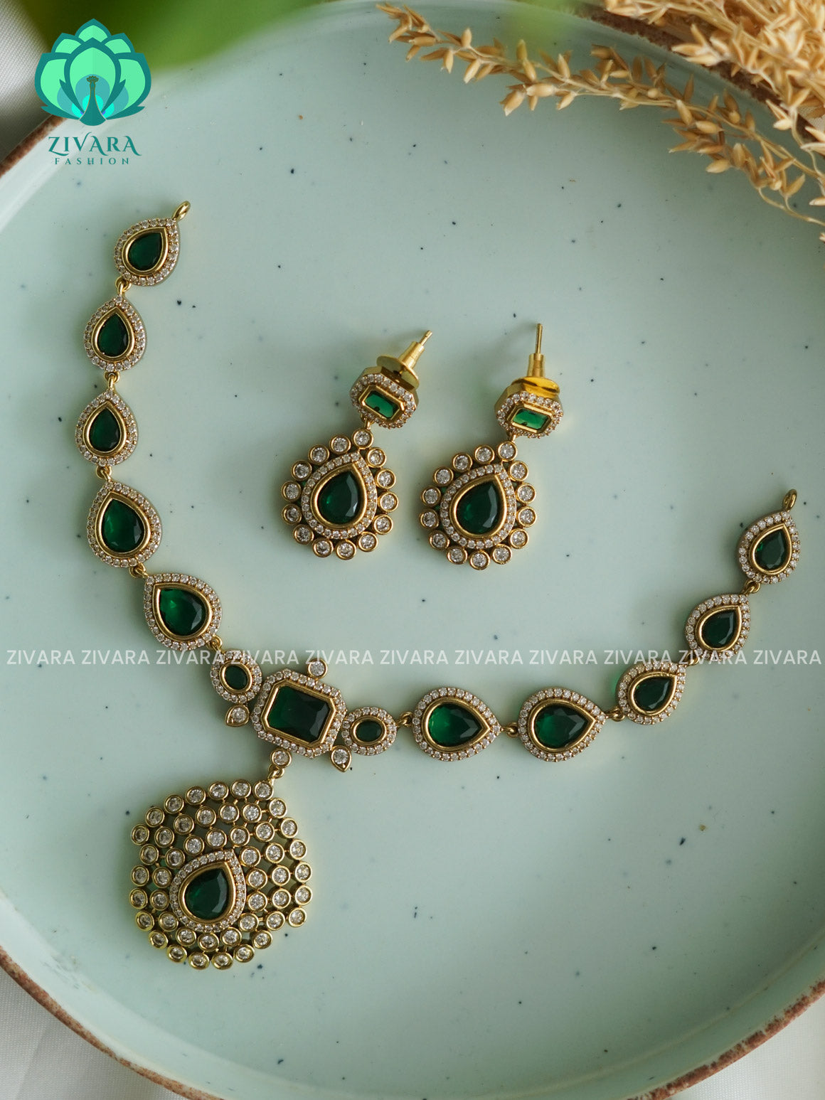 JYOTHIKA INSPIRED GREEN TEAR  - stylish and minimal elegant neckwear with earrings- Zivara Fashion