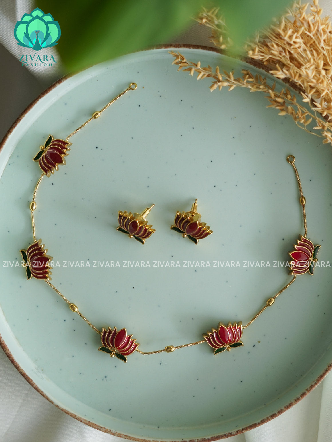 MANJU WARRIER INSPIRED LOTUS ENAMEL  - stylish and minimal elegant neckwear with earrings- Zivara Fashion