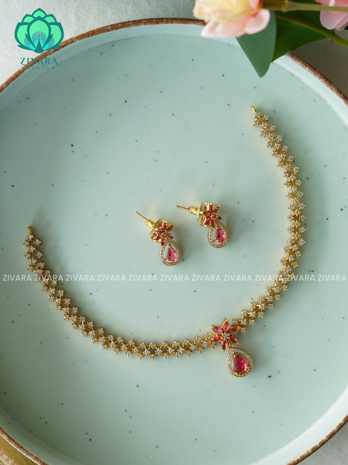 RUBY HOTSELLING TEAR DROP  -PREMIUM SUBTLE GOLD FINISH  stylish and minimal elegant neckwear with earrings- Zivara Fashion