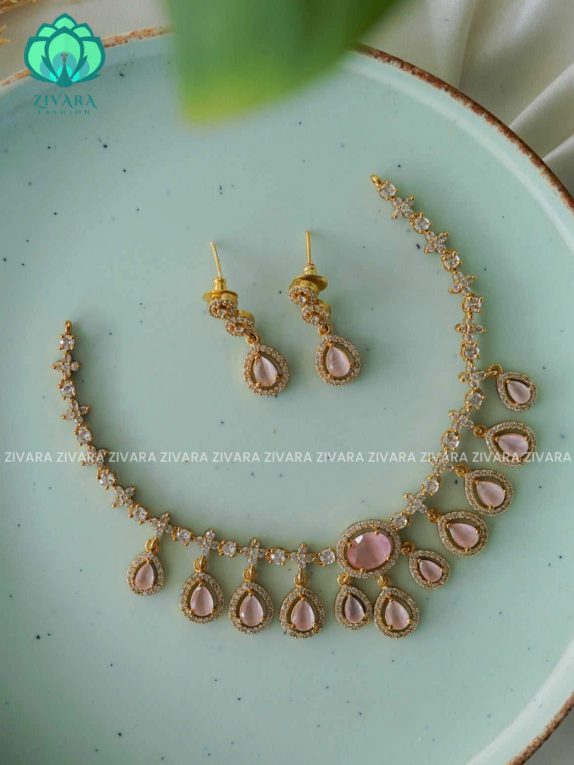 PASTEL PINK  - Hanging tear - Trending  stylish and minimal elegant neckwear with earrings- Zivara Fashion