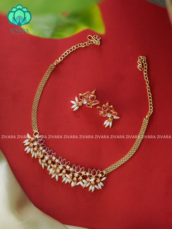 Ruby- Trending lotus  choker with earrings-latest south indian jewellery