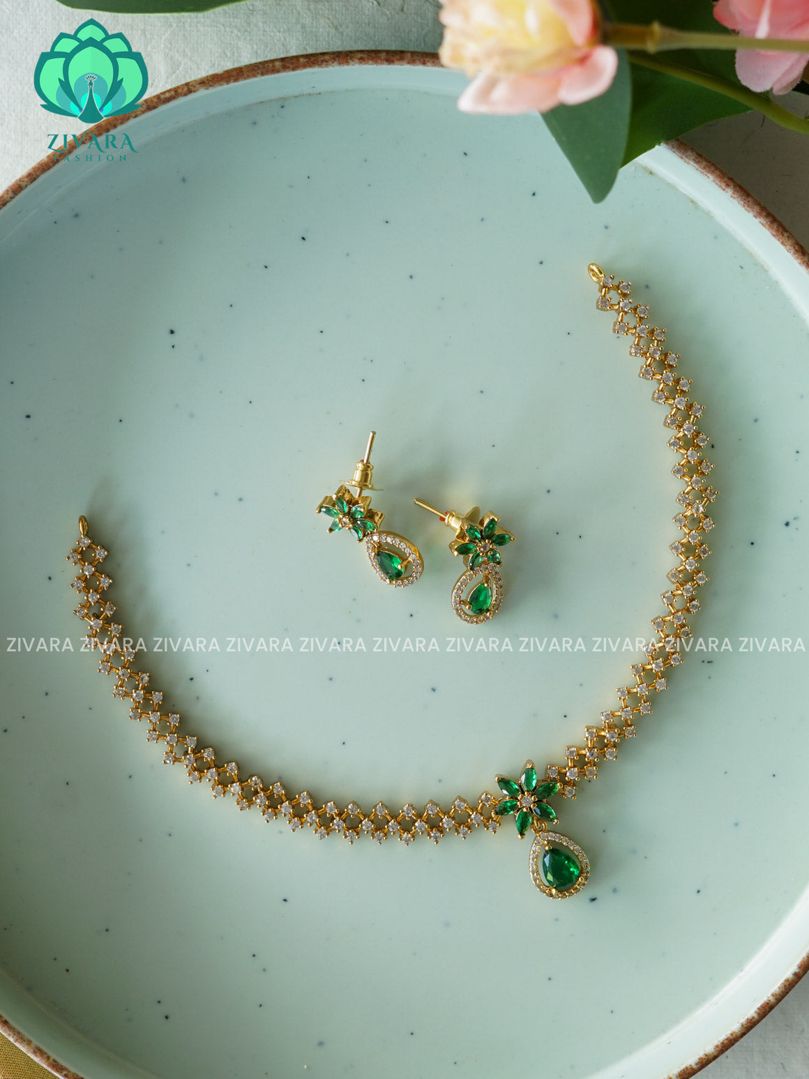 GREEN   HOTSELLING TEAR DROP  -PREMIUM SUBTLE GOLD FINISH  stylish and minimal elegant neckwear with earrings- Zivara Fashion