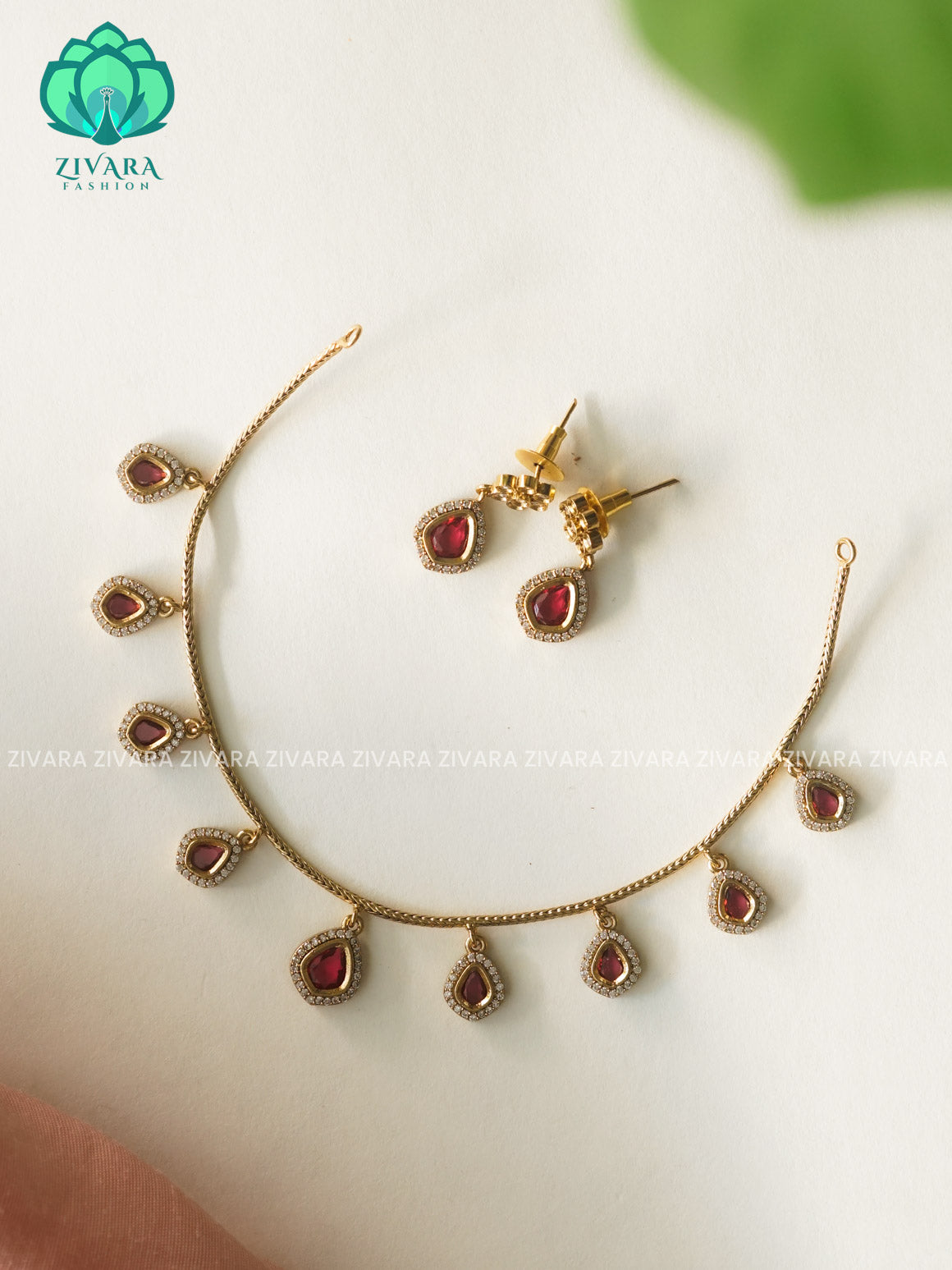RUBY TEAR- FLEXIBLE CHAIN WITH HANGING -Traditional south indian premium neckwear with earrings- Zivara Fashion- latest jewellery design