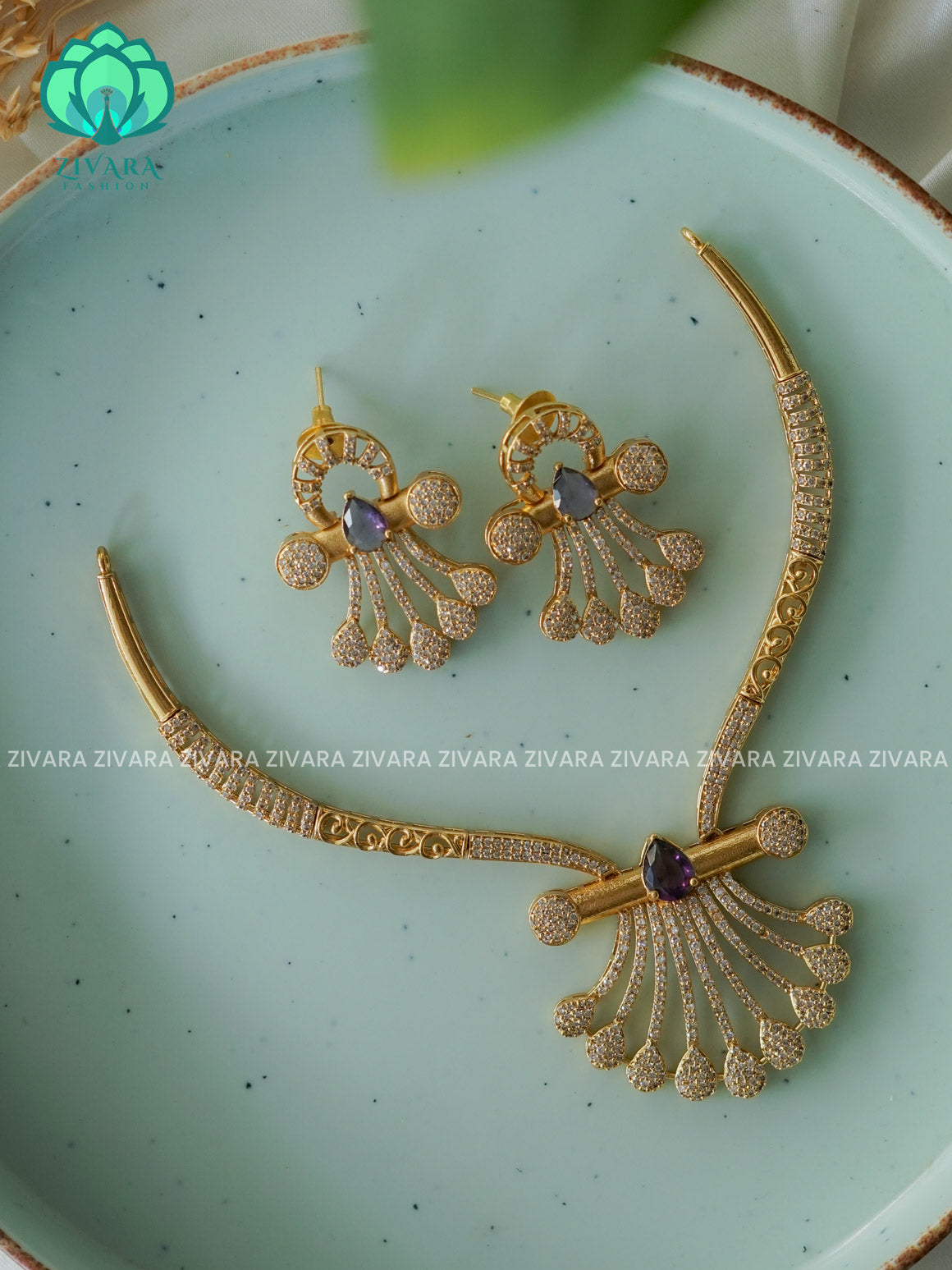 PURPLE  FAN HASLI - premium matte NECKWEAR  with earrings-latest south indian jewellery