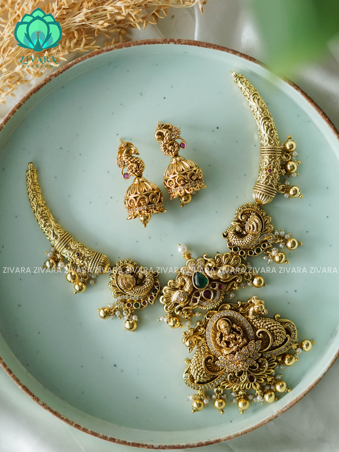 TEMPLE BRIDAL HASLI  NECK WEAR WITh EARRINGS   - Premium quality CZ Matte collection-south indian jewellery