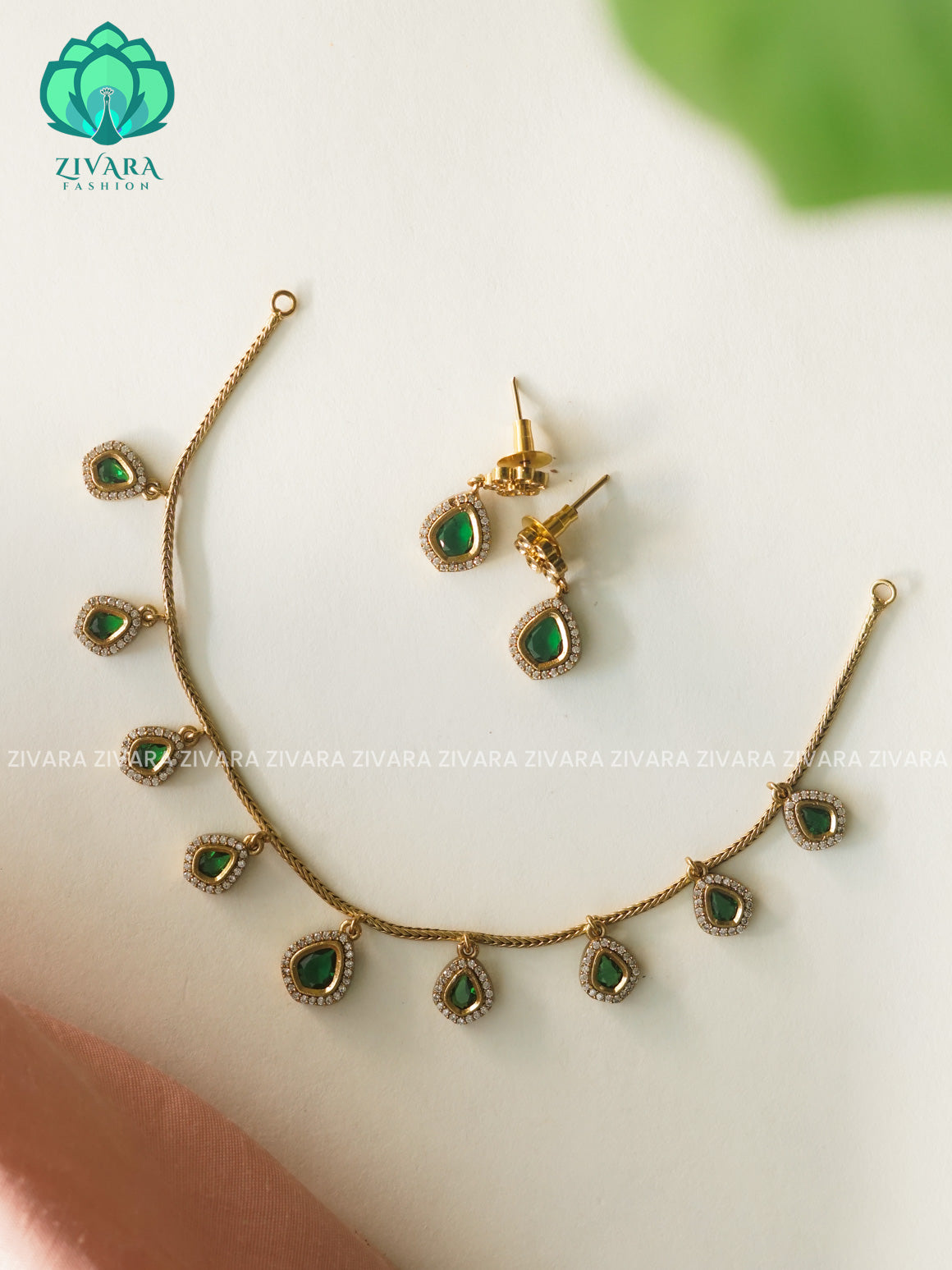 GREEN TEAR- FLEXIBLE CHAIN WITH HANGING -Traditional south indian premium neckwear with earrings- Zivara Fashion- latest jewellery design