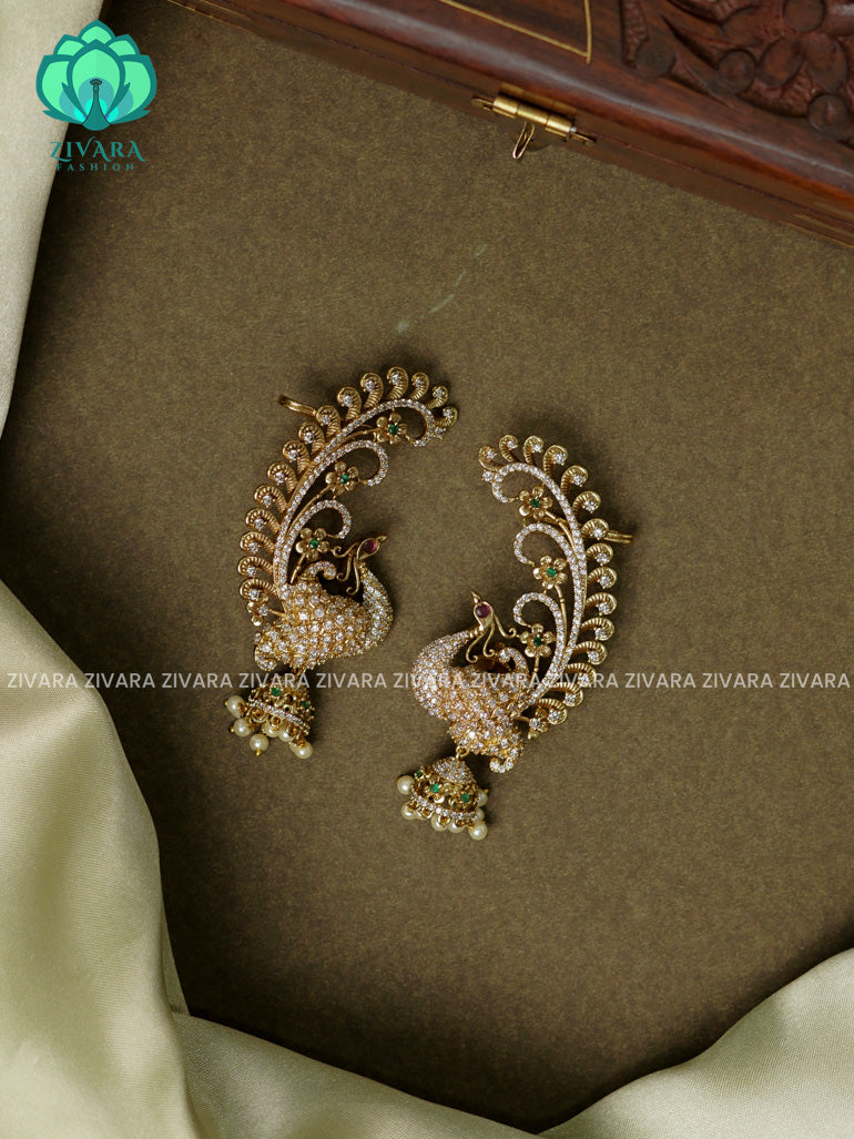 WHITE STONE EARCUFF PEACOCK TRADITIONAL PREMIUM MATTE  polish JHUMKA- latest jewellery collection- zivara fashion