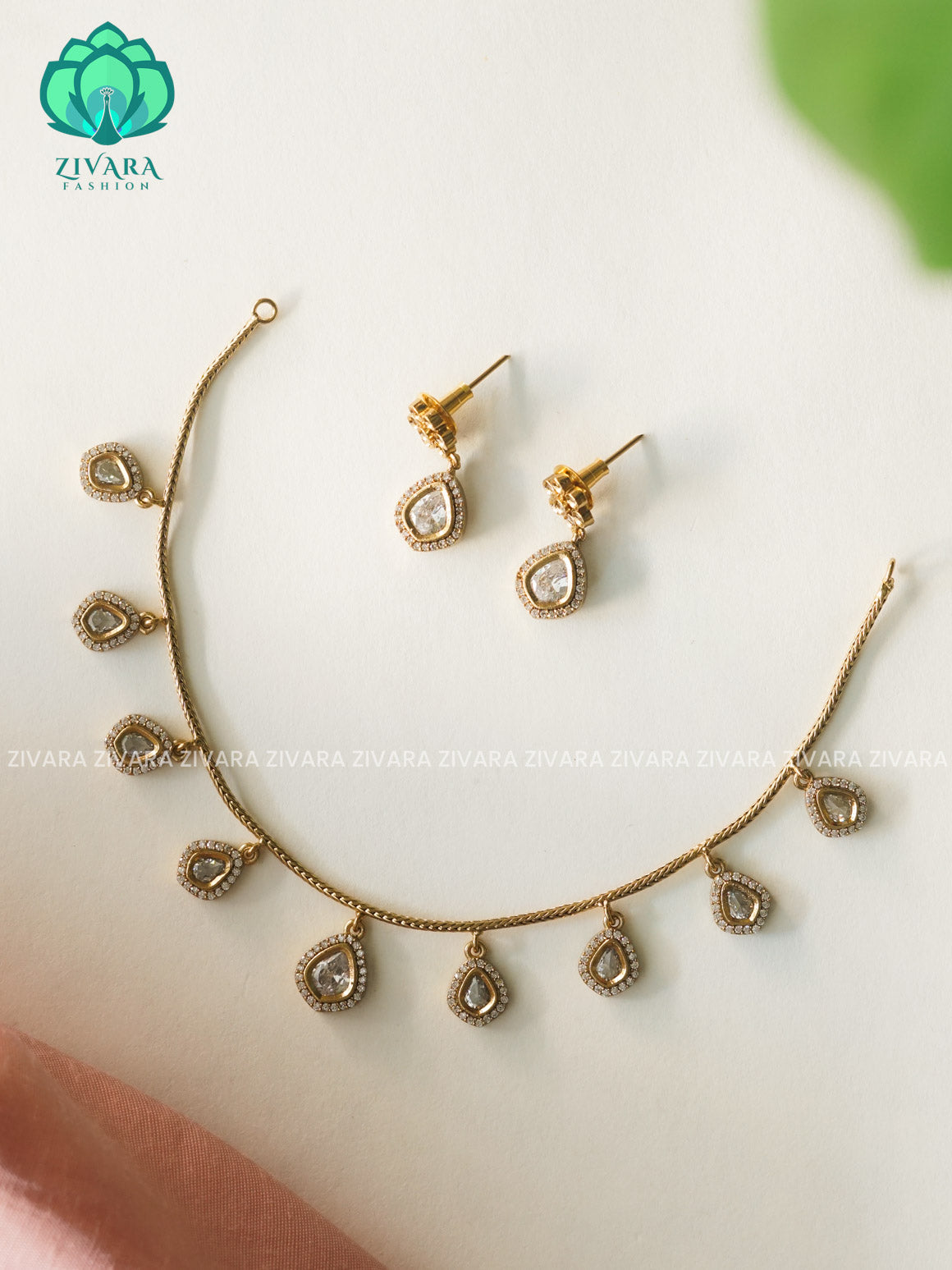 WHITE TEAR- FLEXIBLE CHAIN WITH HANGING -Traditional south indian premium neckwear with earrings- Zivara Fashion- latest jewellery design