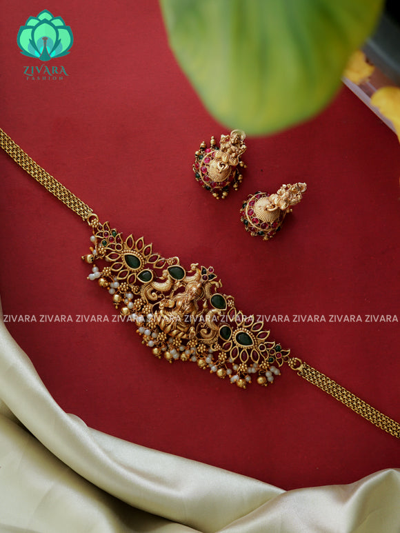 Ruby and green - Trending TEMPLE BIG choker with earrings-latest south indian jewellery