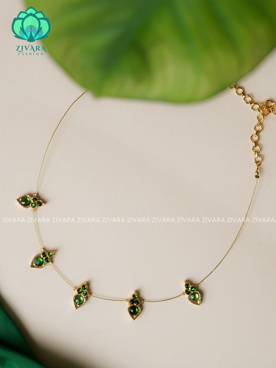 GREEN- PAYAL- KEMP  TAMARA INVISIBLE MINIMAL ELEGANT HANDMADE NECKLACE WITH BRILLIANT FINISH MOTIFS- ZIVARA FASHION