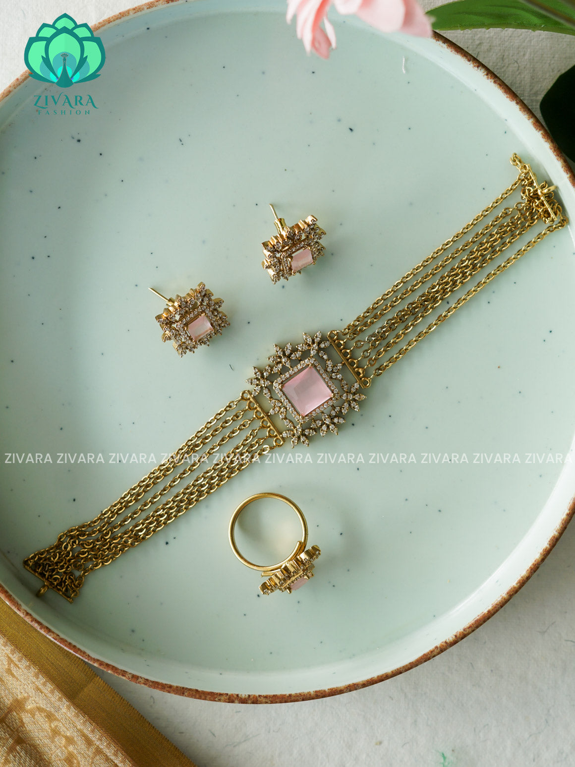 PINK - COMBO OF GOLD CHAIN CHOKER WITH EARRINGS AND RING - CZ matte finish- Zivara Fashion