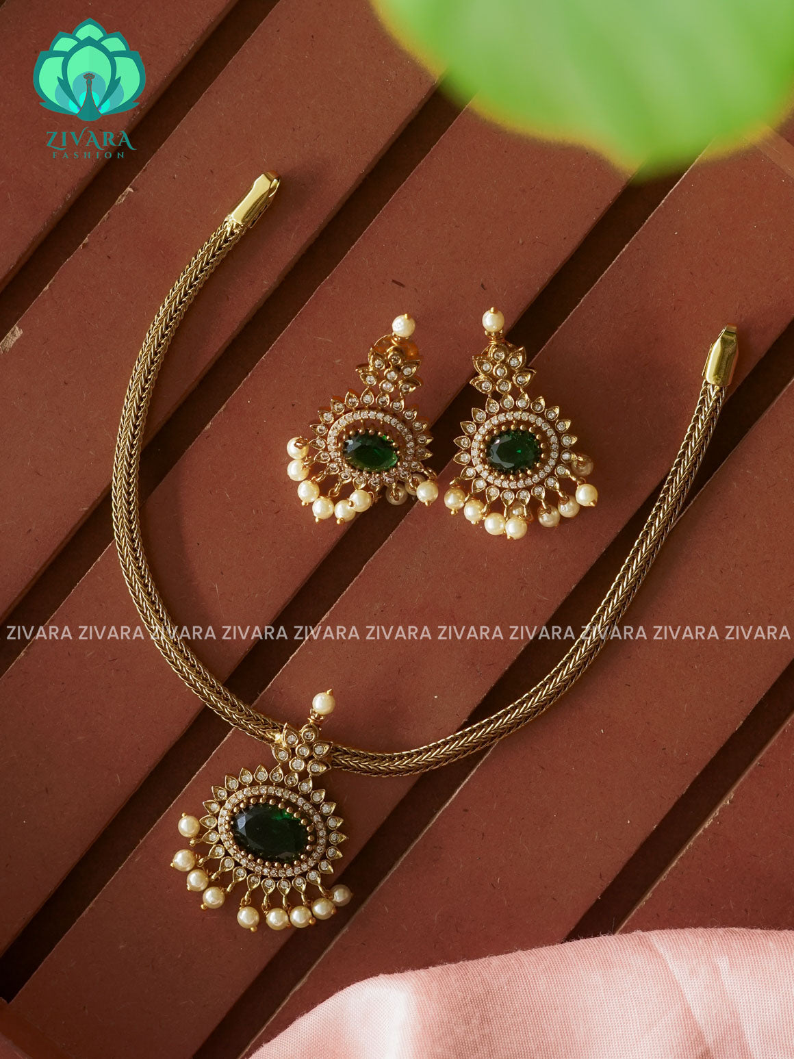 GREEN - Flexible chain OVAL   pendant -Traditional south indian premium neckwear with earrings- Zivara Fashion- latest jewellery design