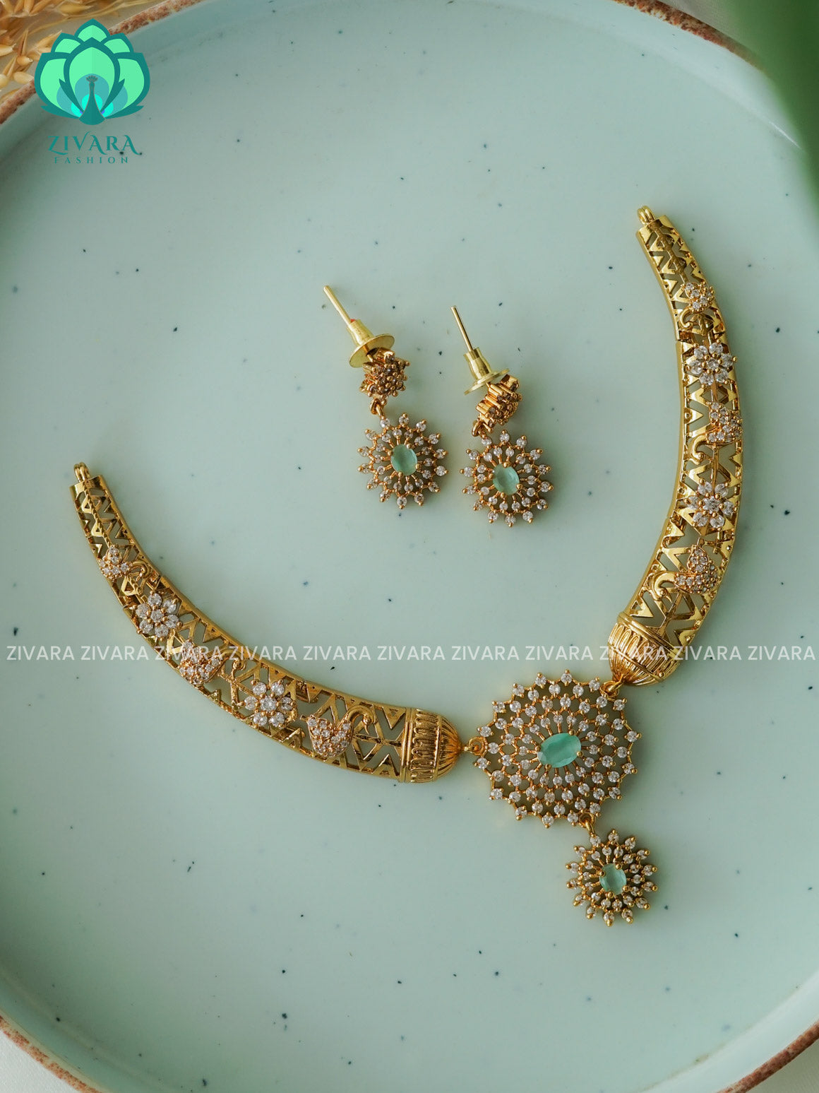 PASTEL GREEN FLORAL STONE ELEGANT HASLI  -PREMIUM SUBTLE GOLD FINISH  stylish and minimal elegant neckwear with earrings- Zivara Fashion