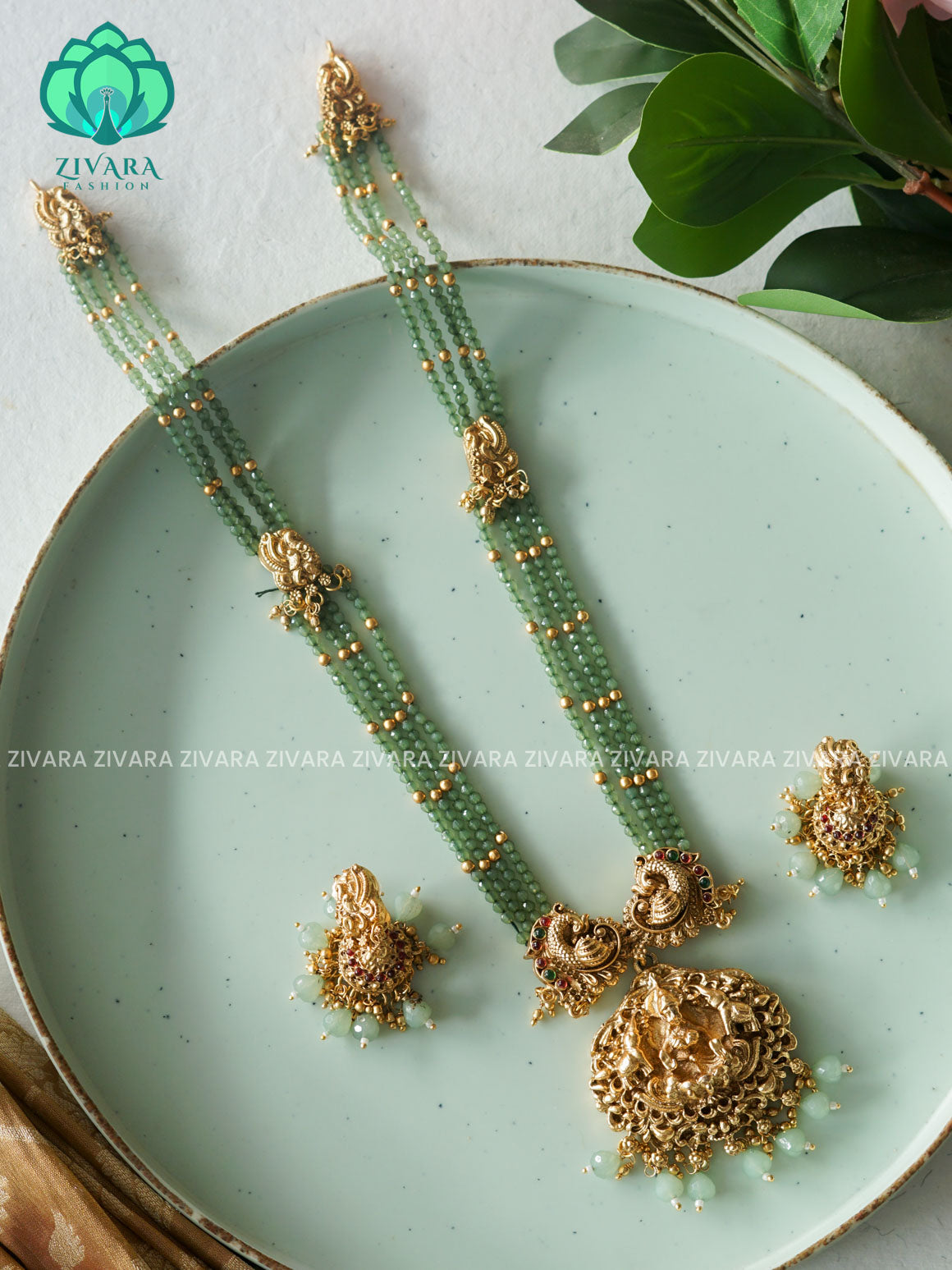 PASTEL Green beads haaram MIDCHEST  neckwear with earrings- normal Matte Finish- Zivara Fashion