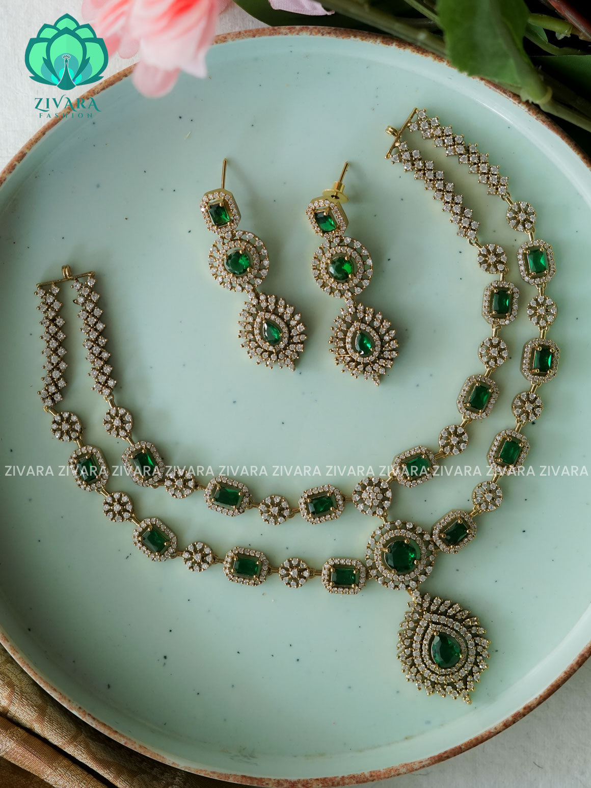GREEN - Step /layered - SUBTLE GOLD FINISH stylish and minimal elegant neckwear with earrings- Zivara Fashion