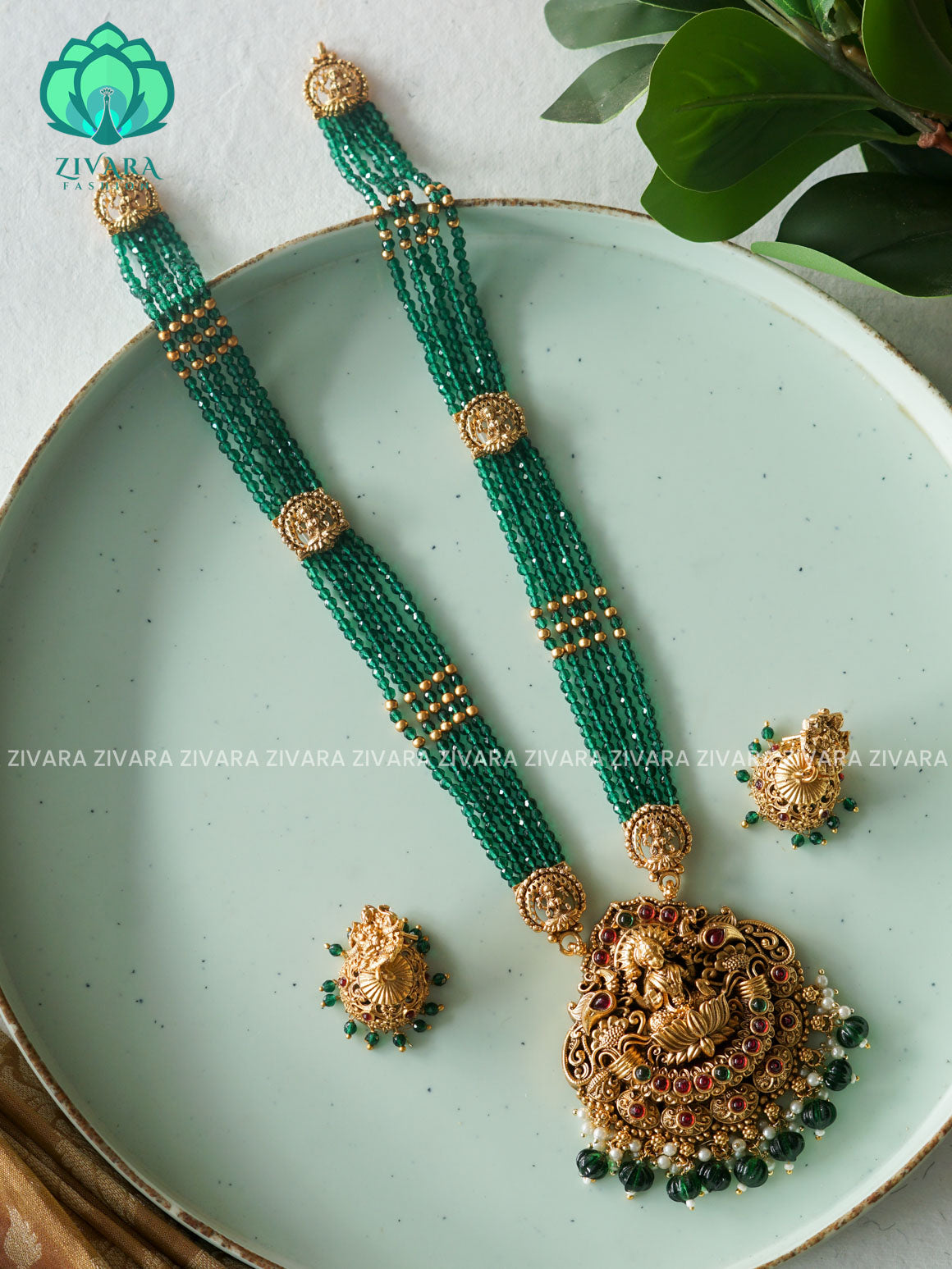 Green beads haaram long neckwear with earrings- normal Matte Finish- Zivara Fashion