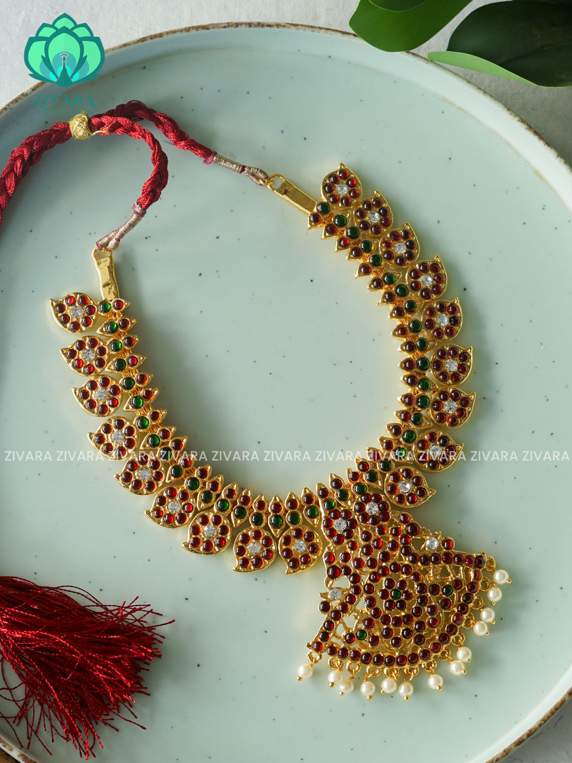 Red and Green- MAYURA  - Simple kemp attigai neckwear - latest kemp dance jewellery collection