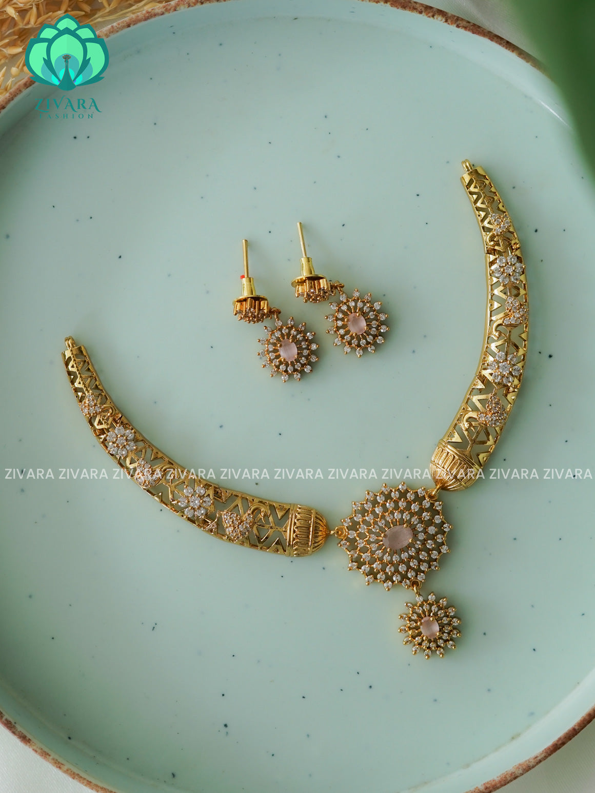 PASTEL PINK FLORAL STONE ELEGANT HASLI  -PREMIUM SUBTLE GOLD FINISH  stylish and minimal elegant neckwear with earrings- Zivara Fashion