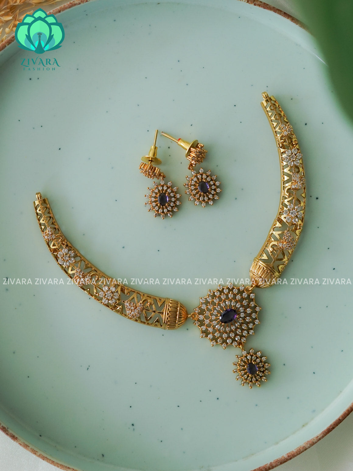 PURPLE FLORAL STONE ELEGANT HASLI  -PREMIUM SUBTLE GOLD FINISH  stylish and minimal elegant neckwear with earrings- Zivara Fashion