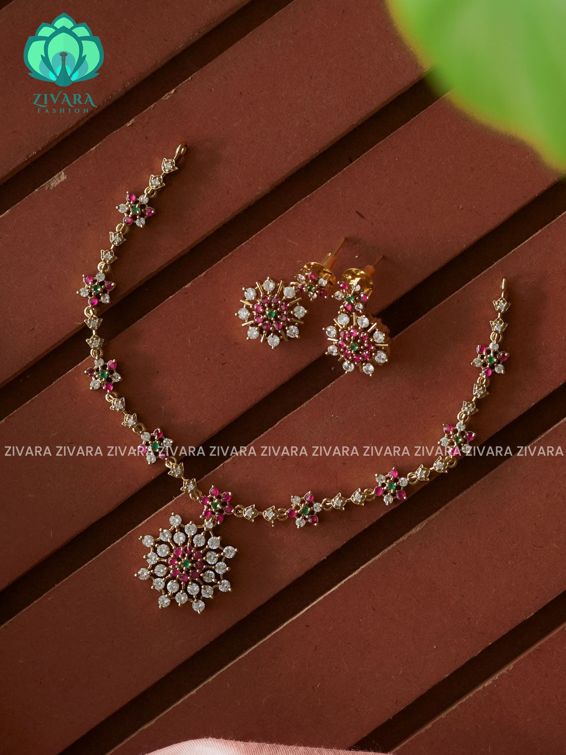 Ruby green white STONE-  stylish and minimal elegant neckwear with earrings- Zivara Fashion