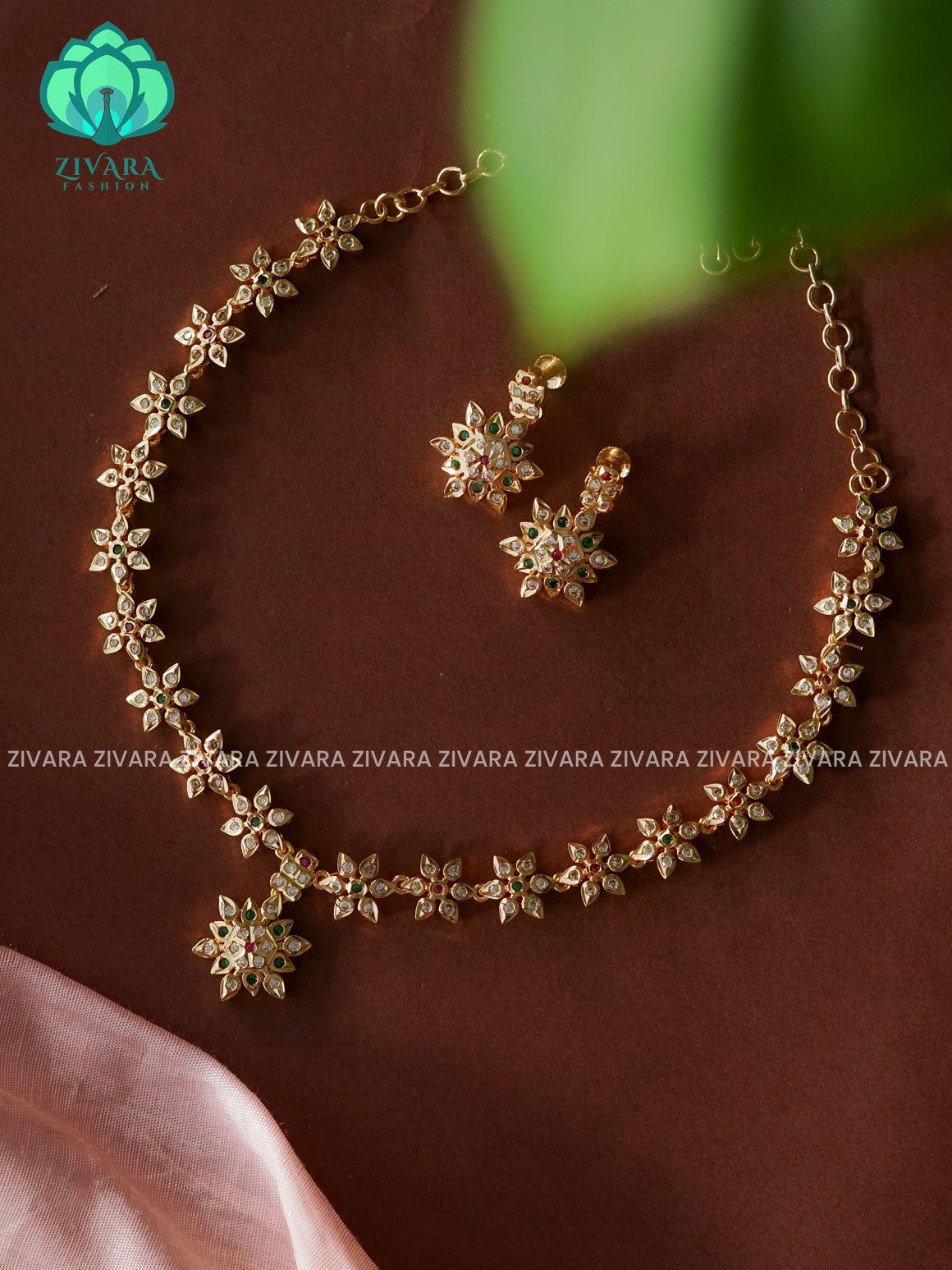 GREEN AND WHITE STONE MOTIF FREE MICROGOLD POLISH ATTIGAI WITH EARRING - Zivara Fashion- latest jewellery desigN