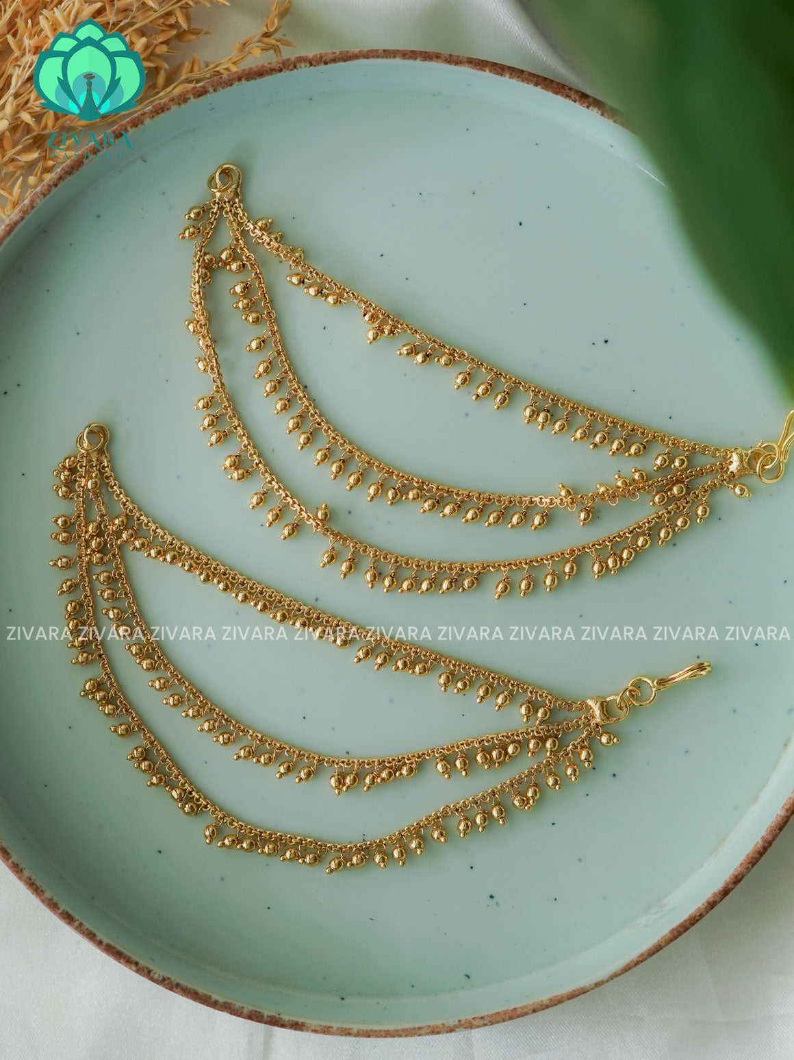Three  layer GOLD pearl premium finish bridal earchain maatal- south indian kemp bridal accessory