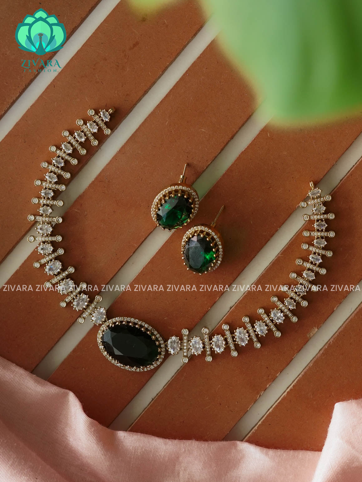GREEN - OVAL STONE ELEGANT  -PREMIUM SUBTLE GOLD FINISH  stylish and minimal elegant neckwear with earrings- Zivara Fashion