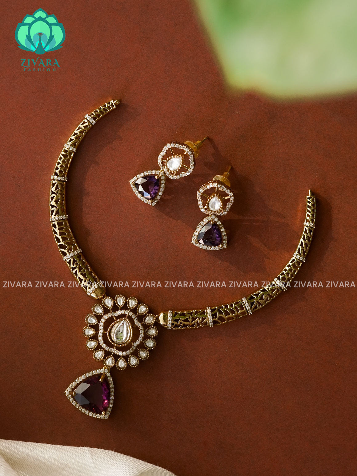 PURPLE- TRIANGLE PENDANT HASLI - Traditional south indian premium neckwear with earrings- Zivara Fashion- latest jewellery desigN