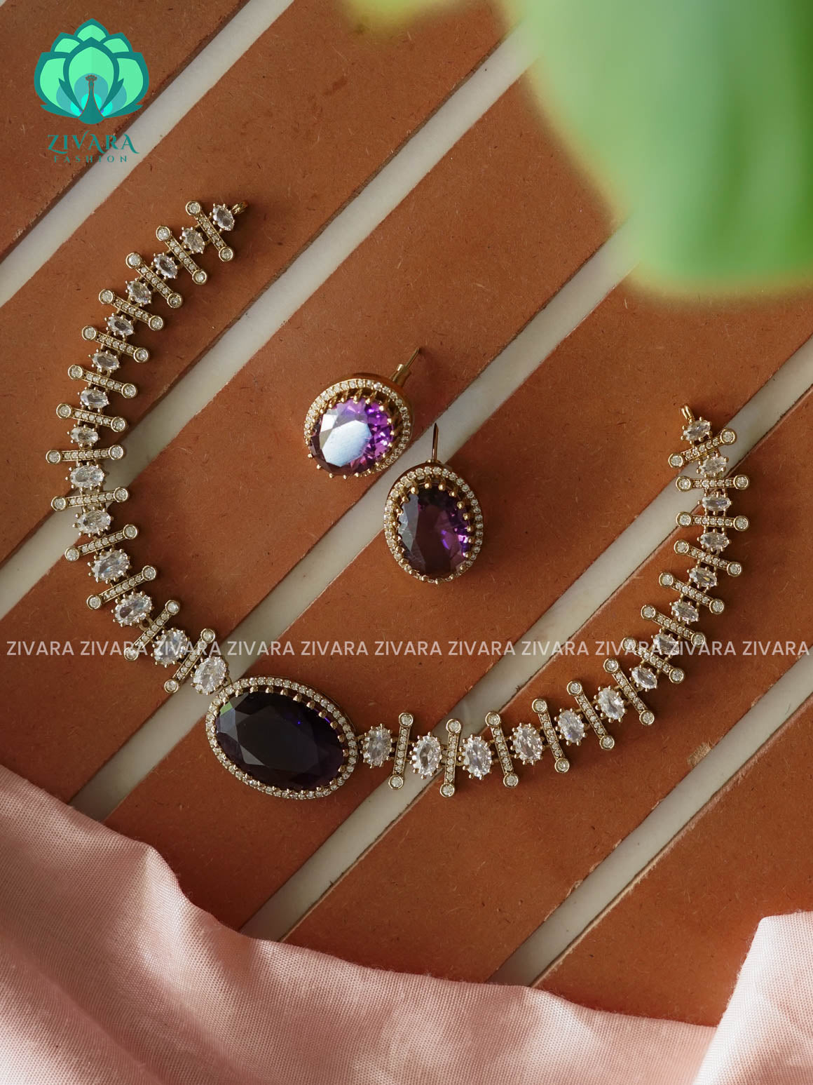 PURPLE - OVAL STONE ELEGANT  -PREMIUM SUBTLE GOLD FINISH  stylish and minimal elegant neckwear with earrings- Zivara Fashion