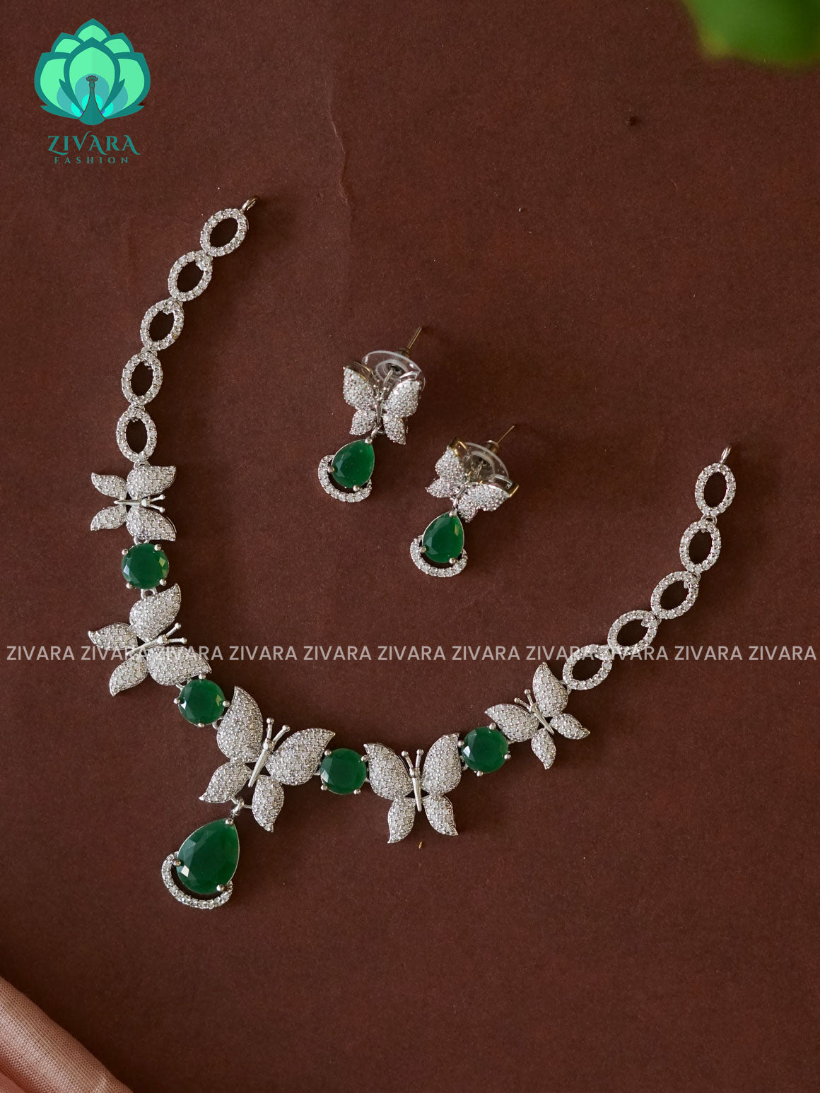 GREEN BUTTERFLY  - SILVER MINIMAL  - Ultra premium SILVER polish trending neckwear collection- bridal collection- Zivara FashioN