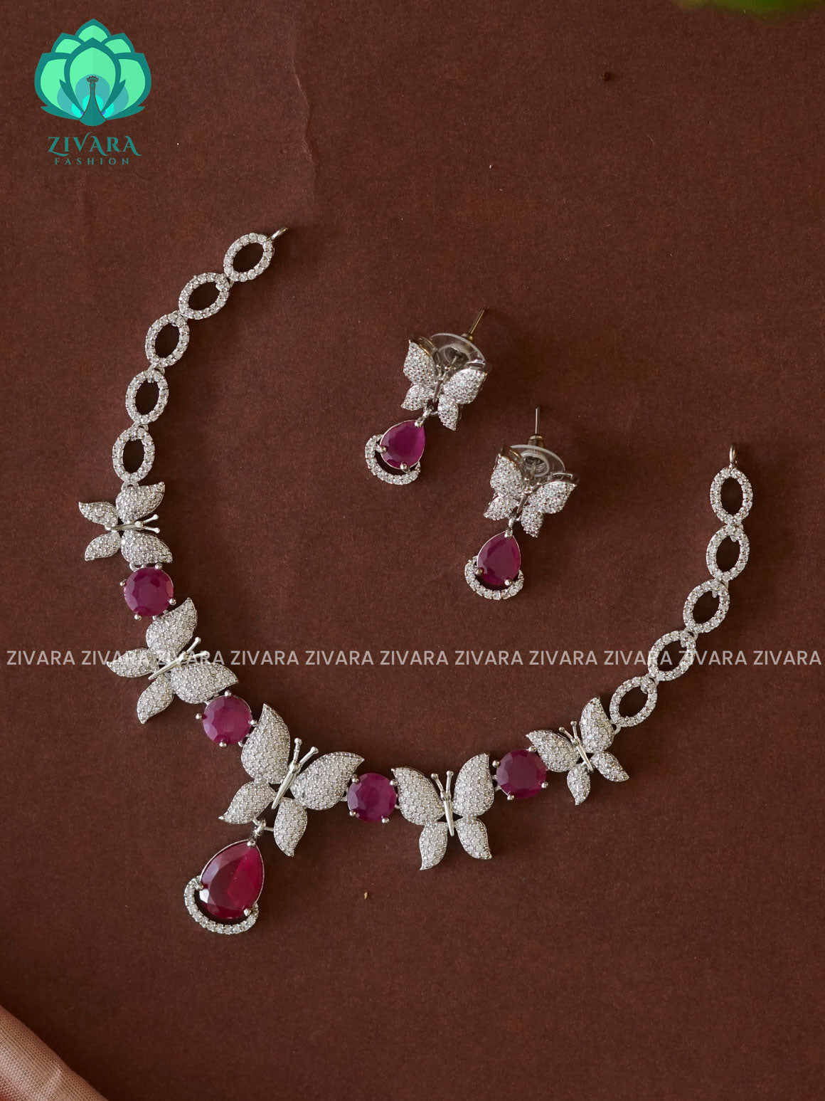 RUBY BUTTERFLY  - SILVER MINIMAL  - Ultra premium SILVER polish trending neckwear collection- bridal collection- Zivara FashioN