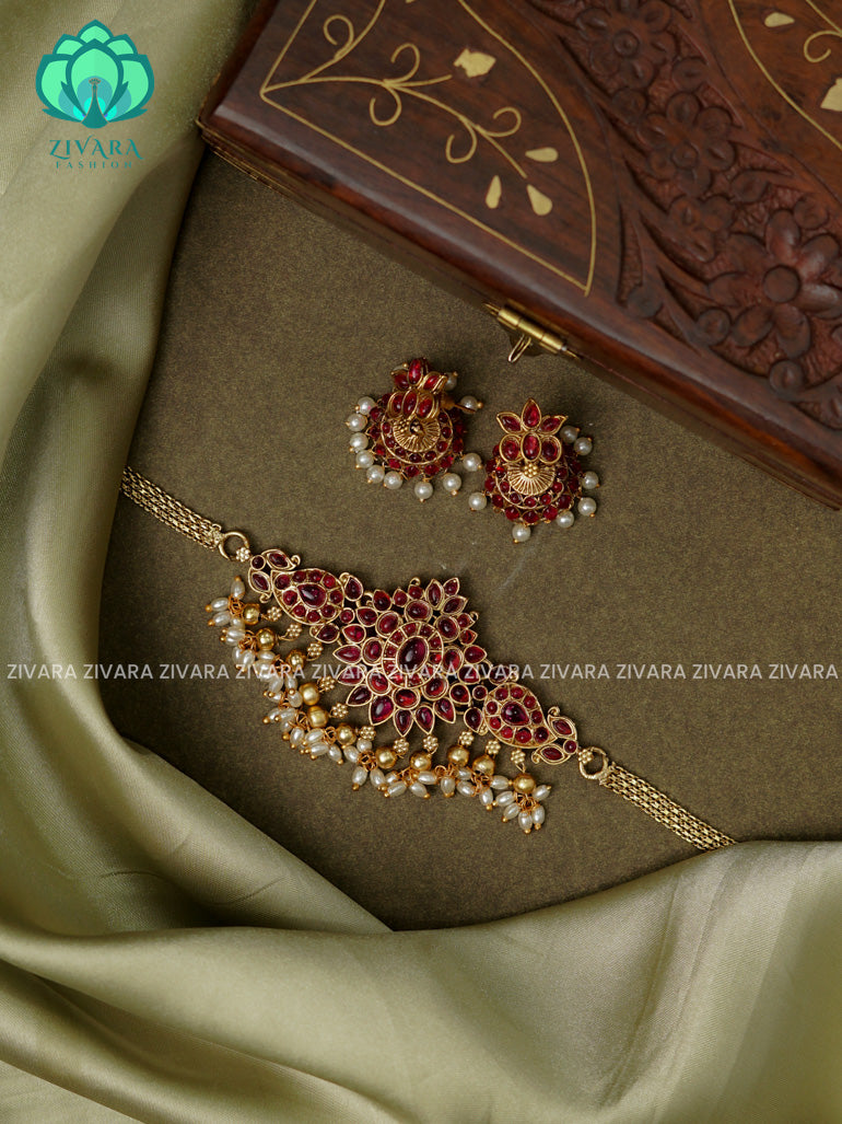 Ruby - Trending motif free choker with earrings-latest south indian jewellery