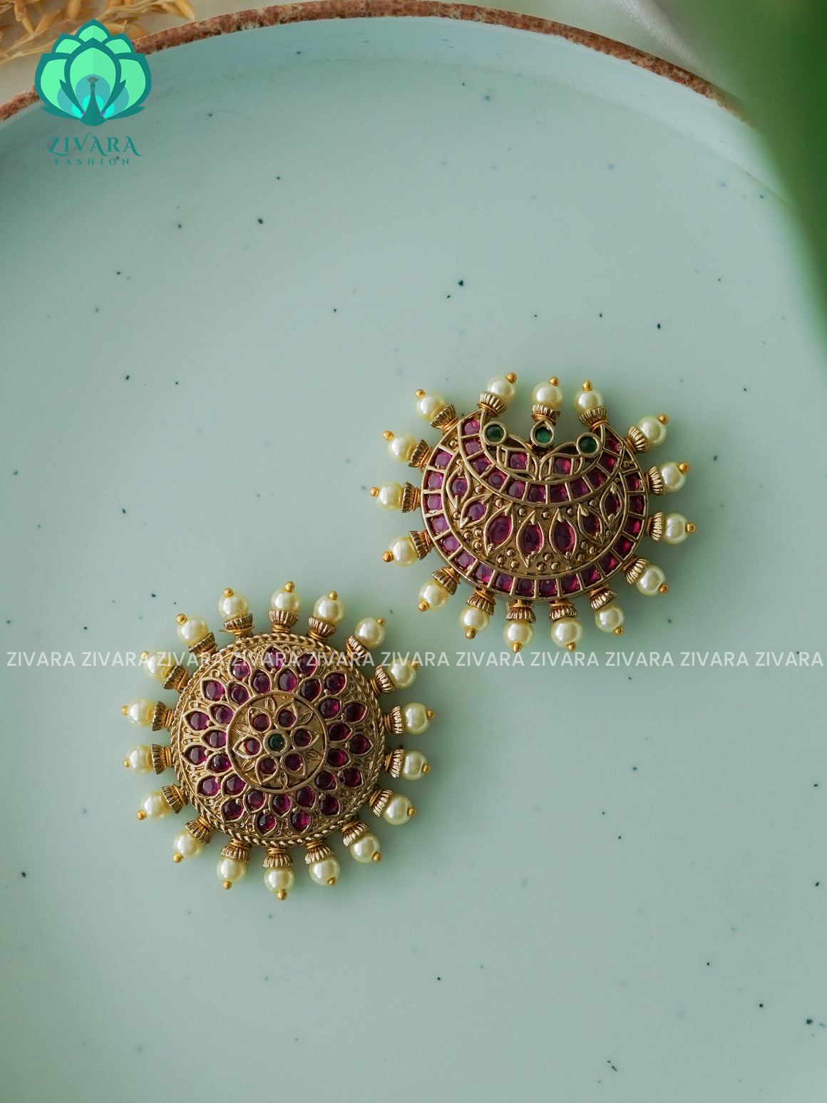 RUBY GREEN SUN MOON - SURYA CHANDRA - TRADITIONAL(1.5 INCH) REAL KEMP  HAIR ACCESSORIES- ZIVARA FASHION