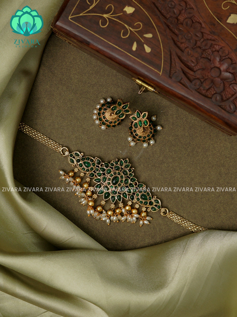 Green - Trending motif free choker with earrings-latest south indian jewellery