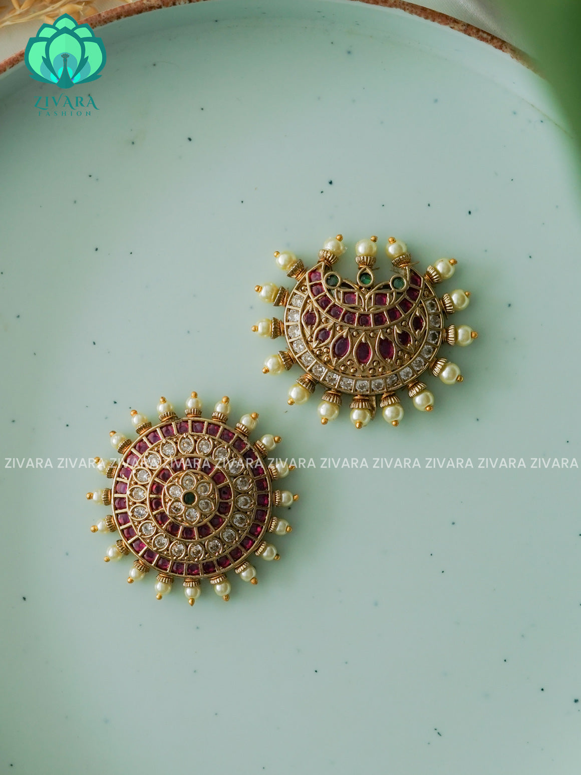RUBY GREEN WHITE - SUN MOON - SURYA CHANDRA - TRADITIONAL(1.5 INCH) REAL KEMP  HAIR ACCESSORIES- ZIVARA FASHION