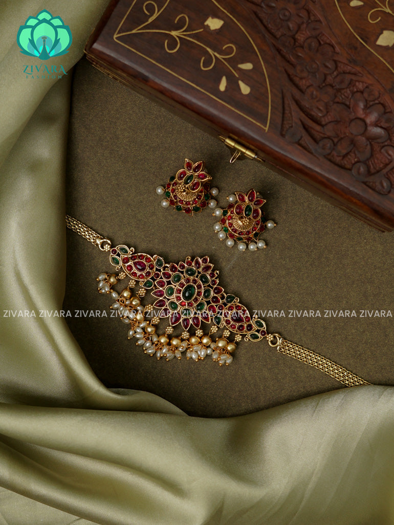 Ruby and Green- Trending motif free choker with earrings-latest south indian jewellery