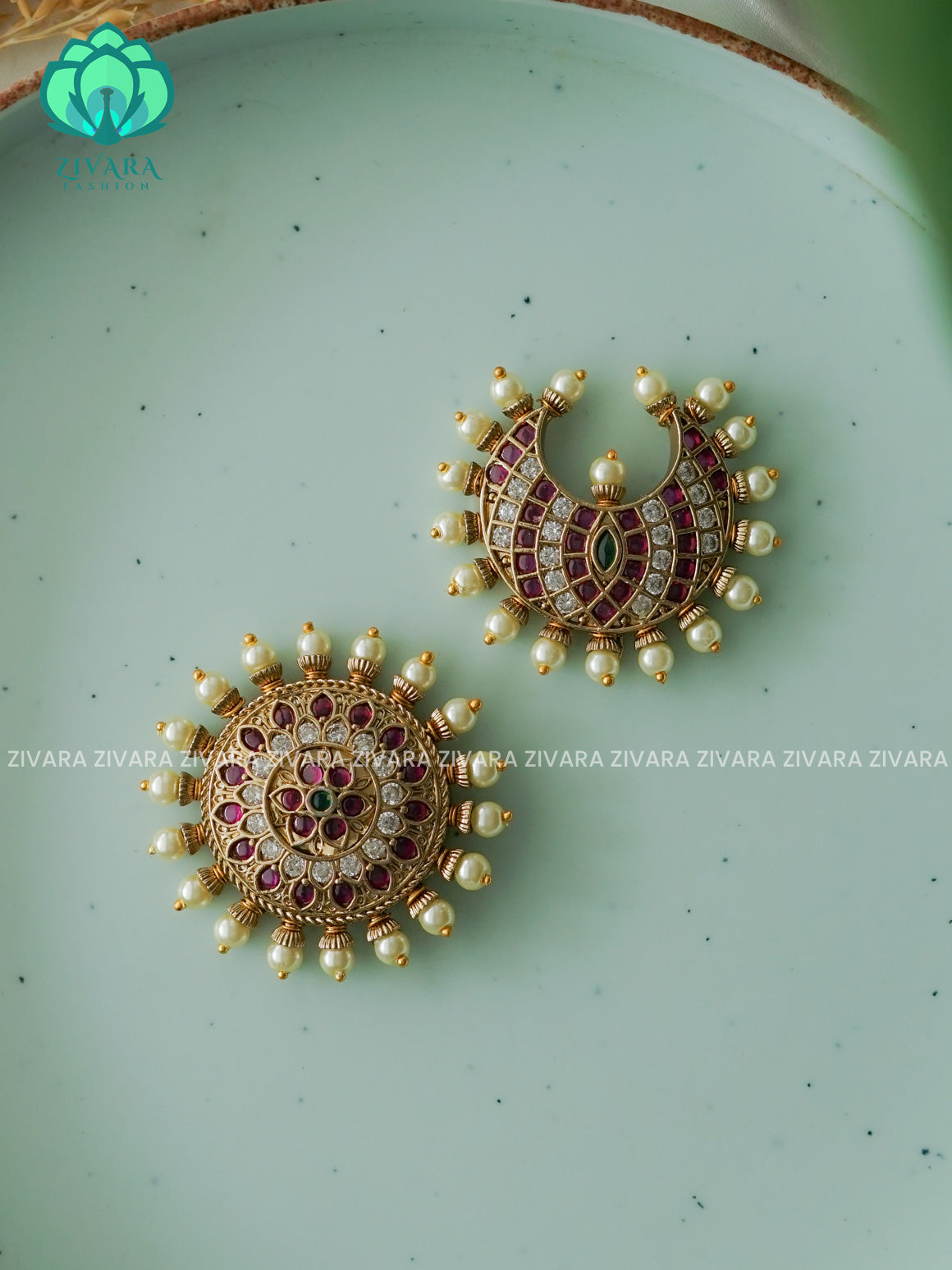 RUBY GREEN SUN MOON - SURYA CHANDRA - TRADITIONAL(1.5 INCH) REAL KEMP  HAIR ACCESSORIES- ZIVARA FASHION