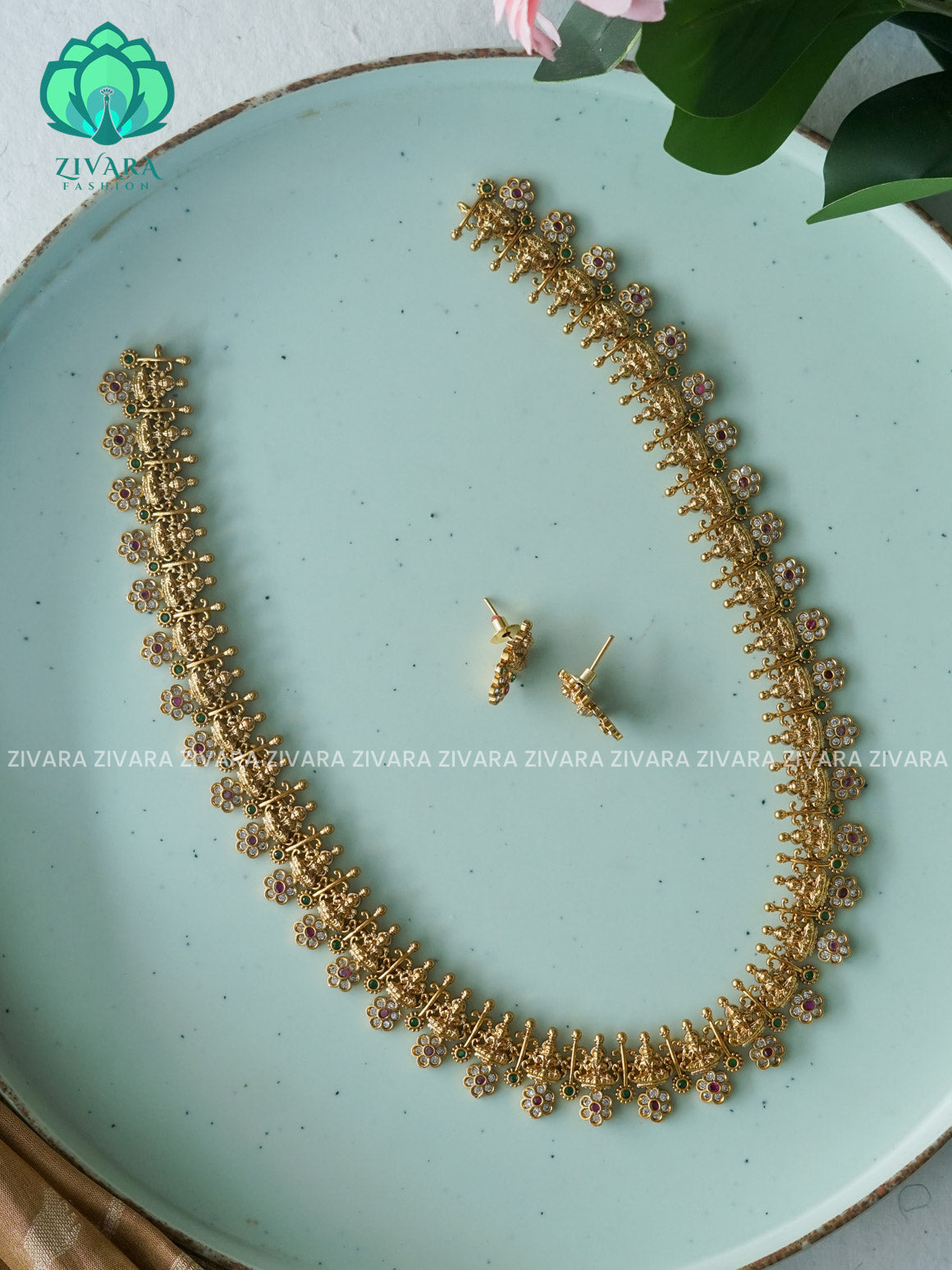 Simple temple  Traditional PREMIUM MATTE polish MIDCHEST haaram/neckwear with earrings- Zivara Fashion