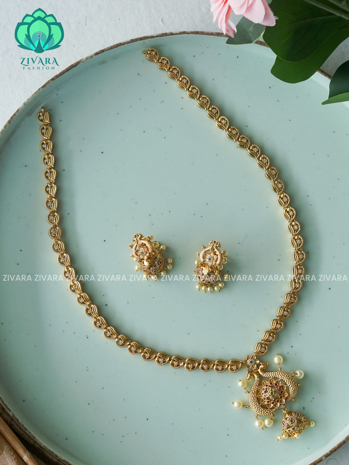Peacock simple  - Traditional PREMIUM MATTE polish MIDCHEST haaram/neckwear with earrings- Zivara Fashion
