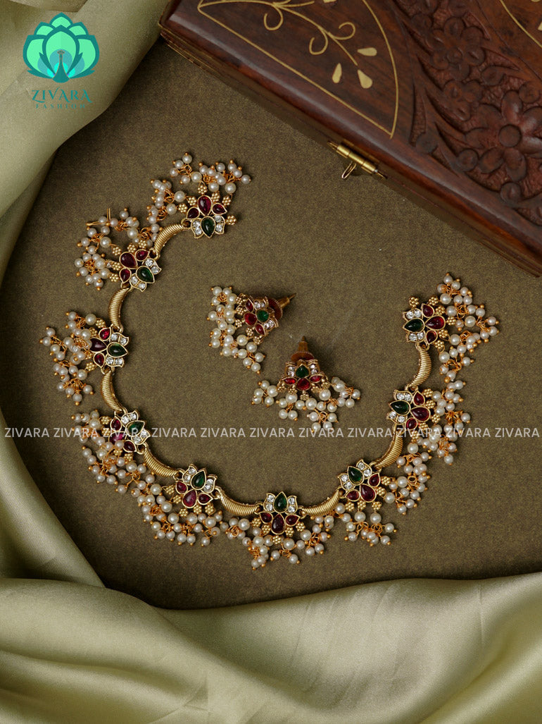 RED WHITE  AND Green Lotus  -Traditional south indian NORMAL MATTE neckwear with earrings- Zivara Fashion- latest jewellery design