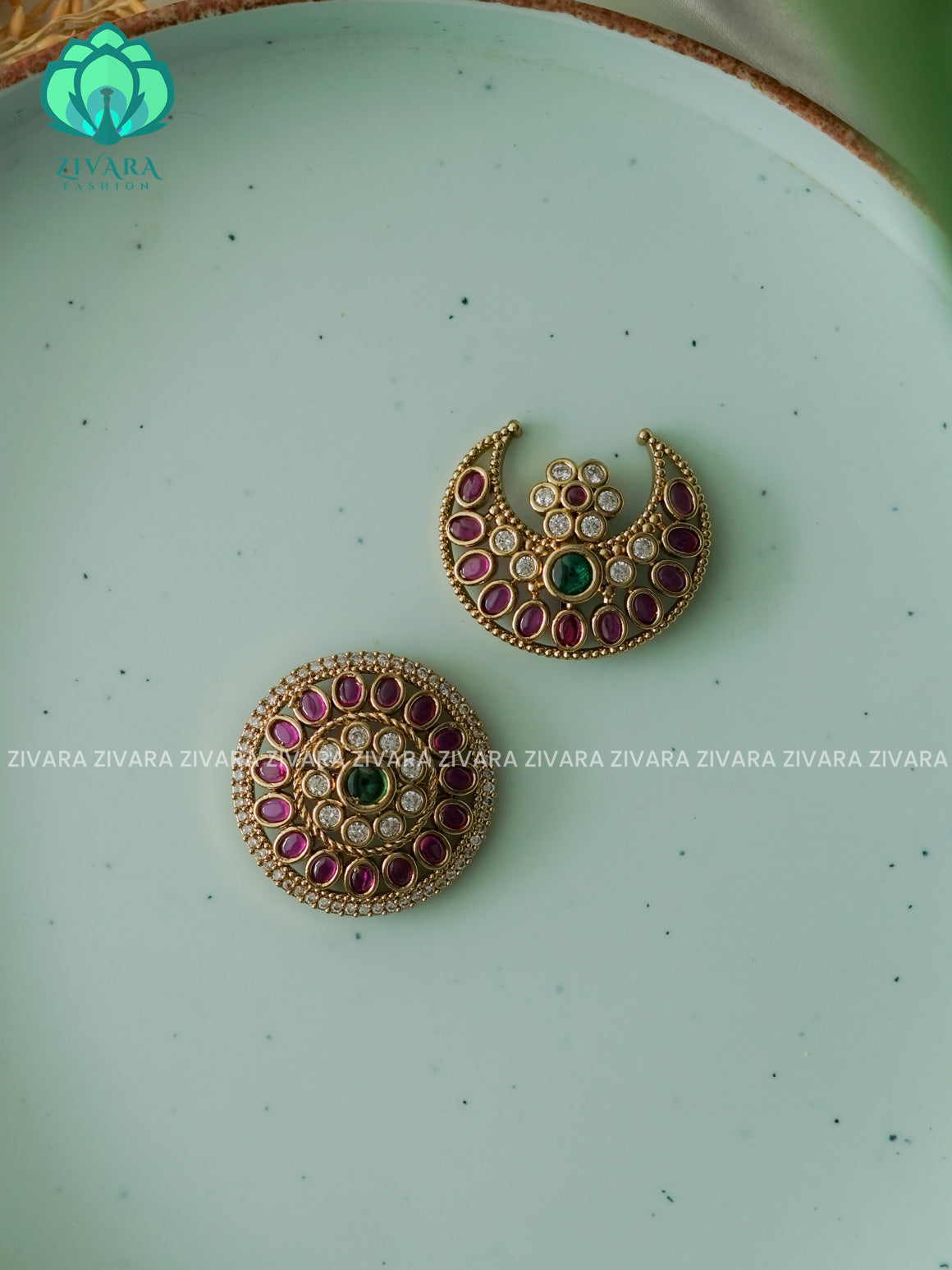 RUBY GREEN WHITE - SUN MOON - SURYA CHANDRA - TRADITIONAL(1.5 INCH) REAL KEMP  HAIR ACCESSORIES- ZIVARA FASHION