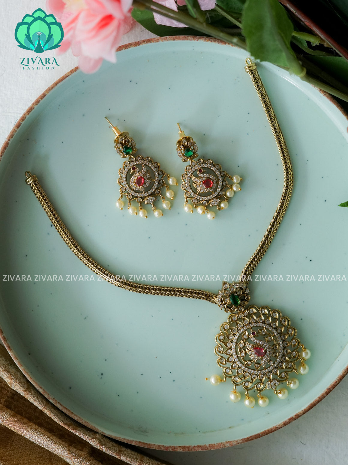 BIG ROUND PENDANT FLEXIBLE CHAIN  -Traditional south indian premium neckwear WITH earrings- Zivara Fashion- latest jewellery design