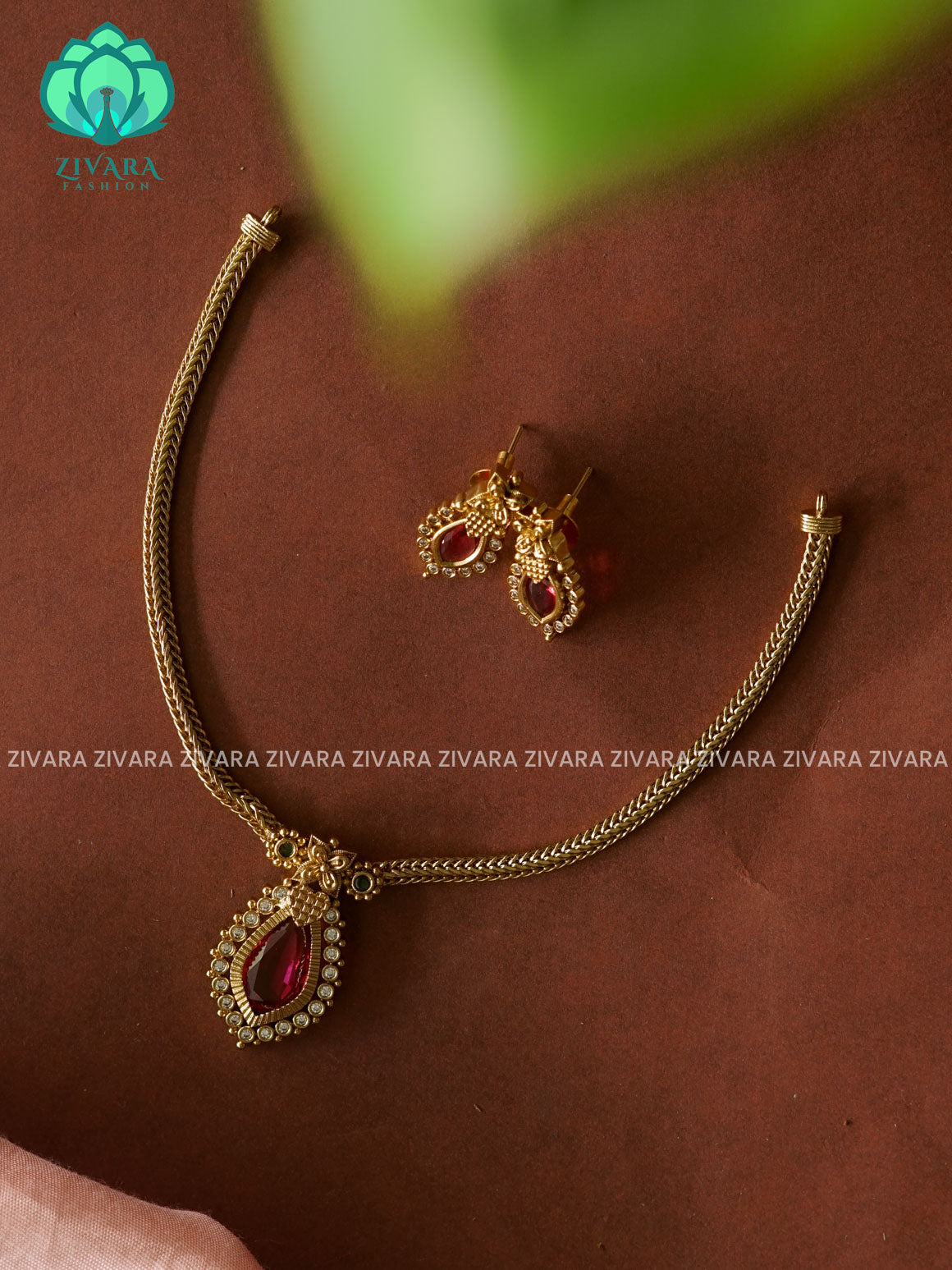 ANANYA SERIES - RUBY PALAKKA Flexible chain - Traditional south indian NORMAL MATTE neckwear with earrings - Zivara Fashion