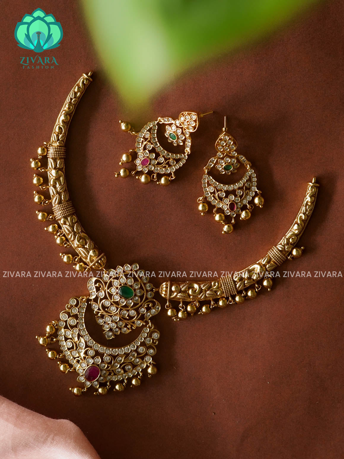 GOLD BEADS BRIDAL HASLI TRADITIONAL NECK WEAR WITh EARRINGS   - Premium quality CZ Matte collection-south indian jewellery