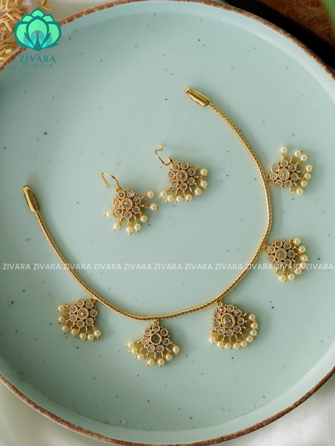 Brindha- WHITE ATTIGAI - FLEXIBLE CHAIN WITH HANGING -Traditional south indian premium neckwear with earrings- Zivara Fashion- latest jewellery design