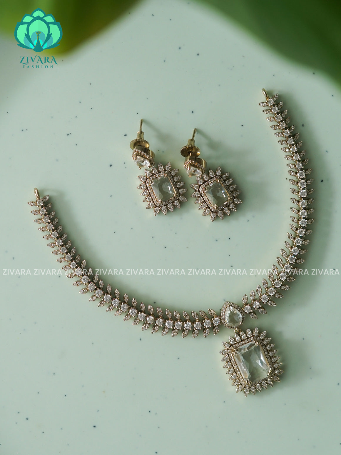 WHITE  square stone diamond replica- FLEXIBLE CHAIN WITH HANGING -Traditional south indian premium neckwear with earrings- Zivara Fashion- latest jewellery design